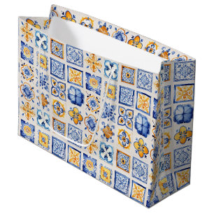 Blue White Yellow Tiles Pattern Summer Aesthetic  Large Gift Bag