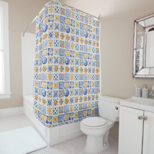 Blue White Yellow Tiles Pattern Summer Aesthetic Shower Curtain