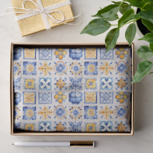 Blue White Yellow Tiles Pattern Summer Aesthetic Tissue Paper
