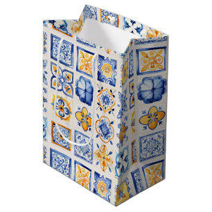 Blue White Yellow Tiles Pattern Wine, Small, Medium Gift Bag