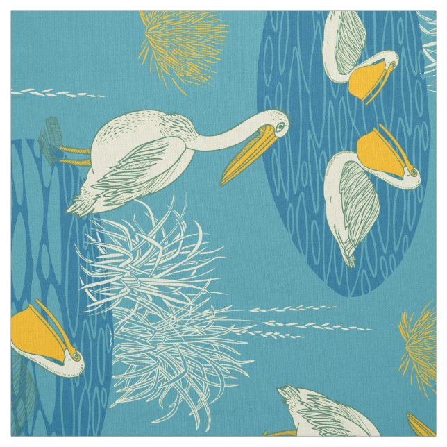 Blue White & Yellow Tones Cute Birds Pattern Fabric (Swatch)
