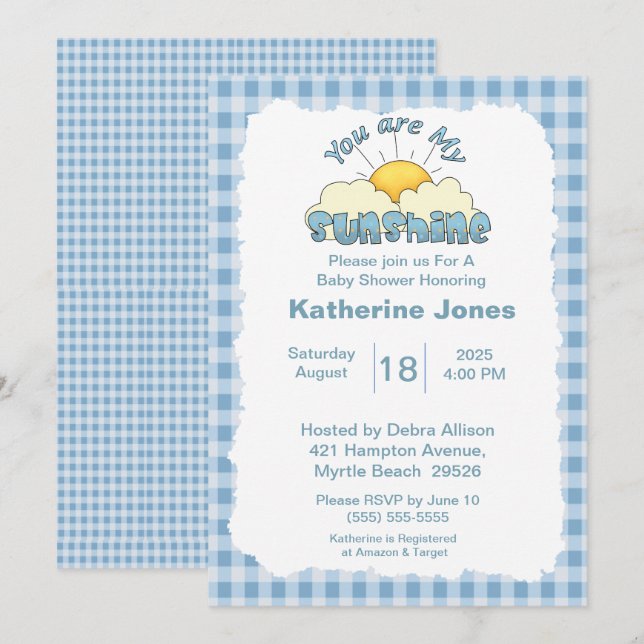 Blue White You Are My Sunshine Baby Shower      Invitation (Front/Back)