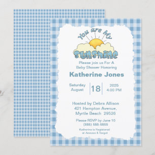 Blue White You Are My Sunshine Baby Shower      Invitation