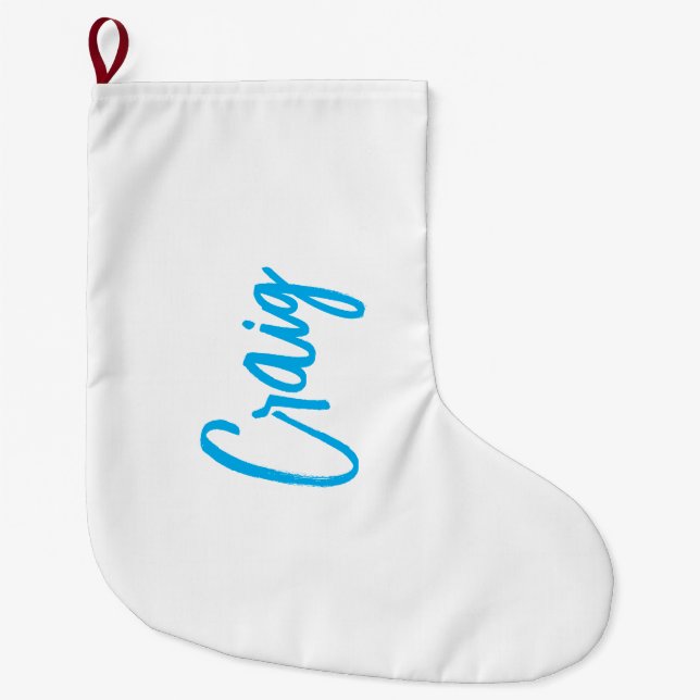 Blue White Your Name Calligraphy Unique Minimalist Large Christmas Stocking (Front)