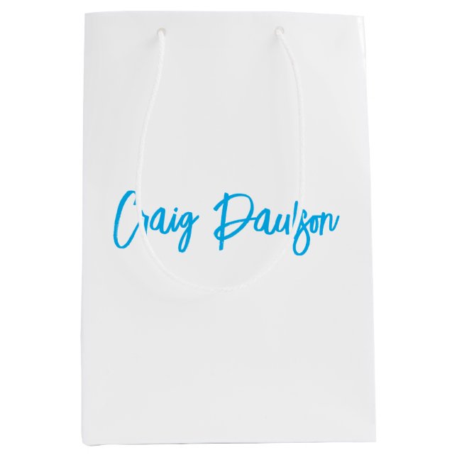 Blue White Your Name Calligraphy Unique Minimalist Medium Gift Bag (Front)