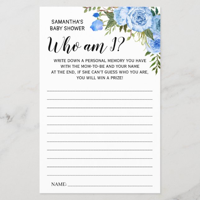 Blue Who am I Baby shower bilingual game card (Front)