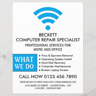 Blue Wi-Fi Logo, Computer Repair Specialist Advert Flyer