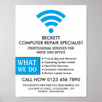 Blue Wi-Fi Logo, Computer Repair Specialist Advert