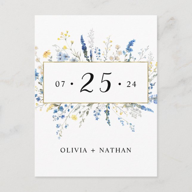 Blue Wild Floral Dainty Flowers Gold Save The Date Invitation Postcard (Front)