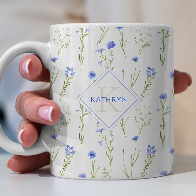 Blue Wild Flower Pattern Monogram Coffee Mug (Creator Uploaded)