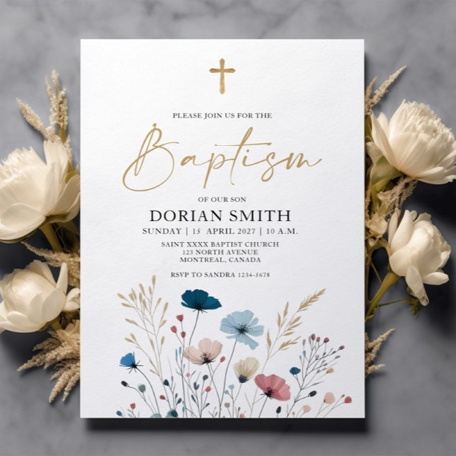 Blue Wild Flowers Boy Baptism invitation (Creator Uploaded)