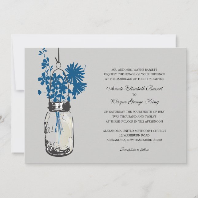 Blue Wild flowers & Mason Jar Wedding Invitations (Front)