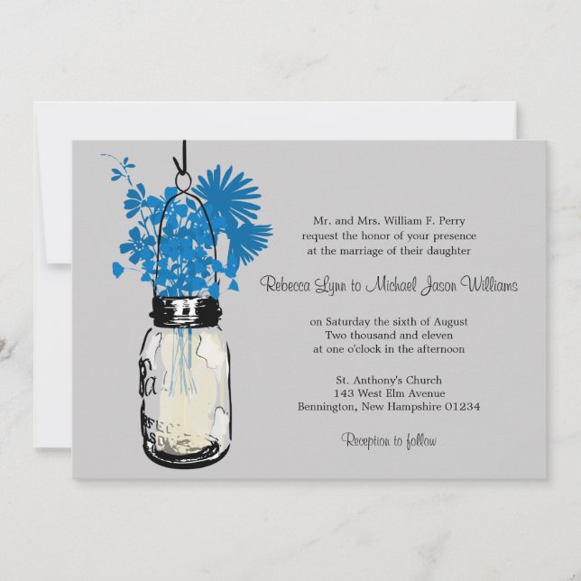 Blue Wild flowers & Mason Jar Wedding Invitations (Front)