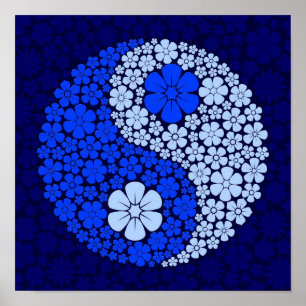 Blue Wild Flowers Yin Yang Poster