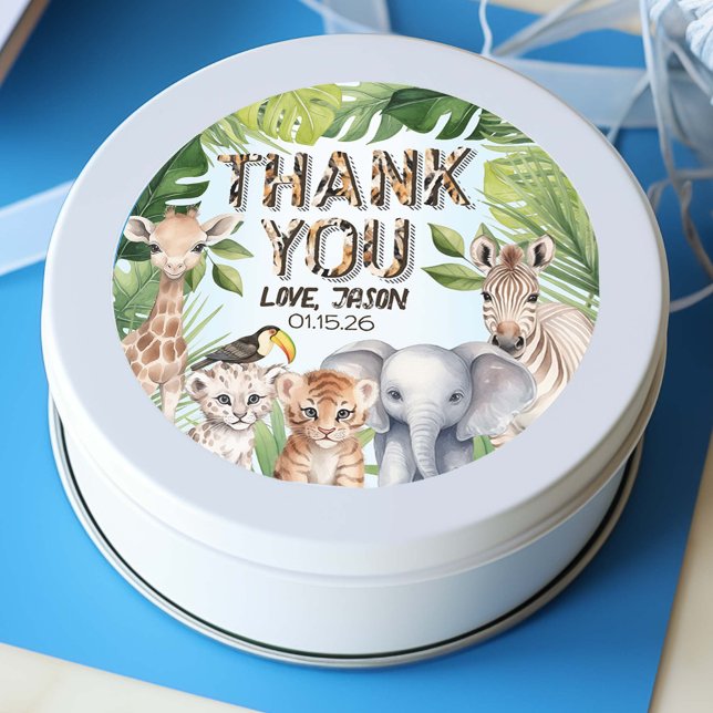 Blue Wild One Jungle Animals Thank You favour Classic Round Sticker (Safari themed birthday thank you stickers)