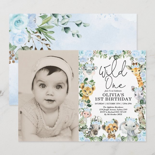 Blue  Wild One Jungle Safari Girl Birthday Photo Invitation (Front/Back)