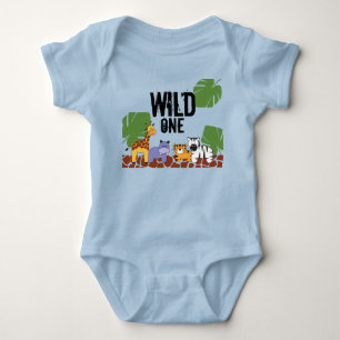 Blue WILD ONE Safari Jungle Theme 1st Birthday Baby Bodysuit