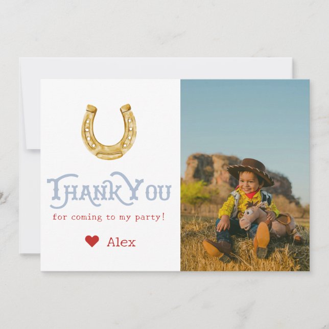 Blue Wild West First Rodeo Baby Boy 1st Birthday Thank You Card (Front)