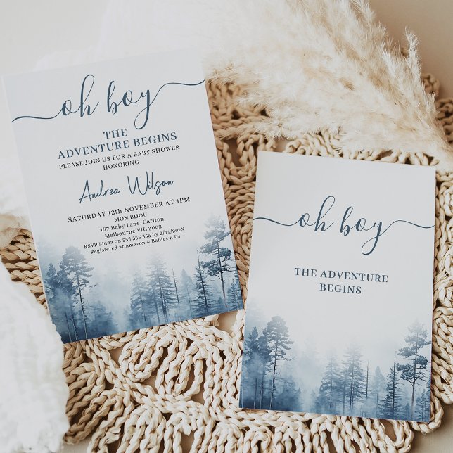 Blue Wilderness Adventure Begins Baby Shower  Invitation (Boy's The Adventure Begins Baby Shower Invitation, Wilderness oh boy baby shower invitation, )