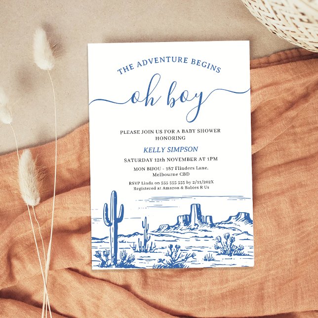 Blue Wilderness Adventure Begins Baby Shower  Invitation (Blue Wilderness The Adventure Begins Baby Shower Invitation Boy, Western Theme, Oh Boy Blue Desert)