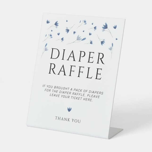 Blue Wildflower Baby Shower Diaper Raffle  Pedestal Sign (Front)