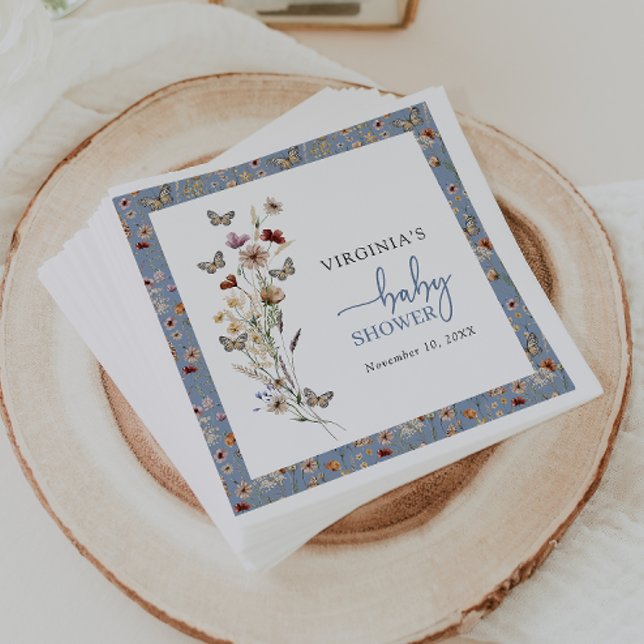 Blue Wildflower Baby Shower Napkin (Dusty Blue Wildflower Baby Shower Napkins with Butterflies by Painted Paperie
)