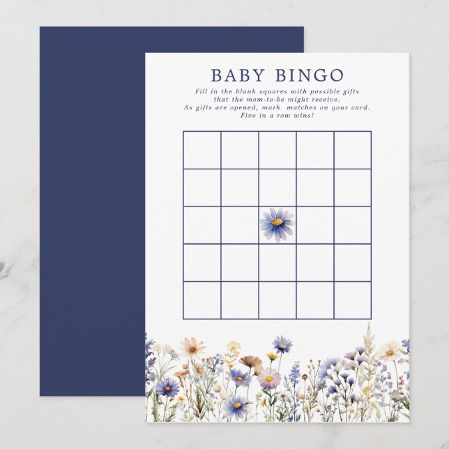 Blue Wildflower Boho Baby Shower Bingo Game Invitation (Front/Back)