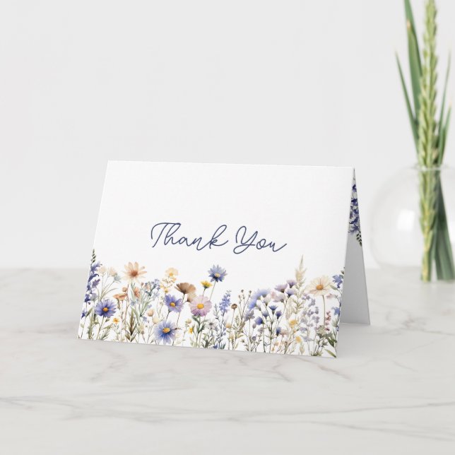 Blue Wildflower Boho Baby Shower Thank You Card (Front)