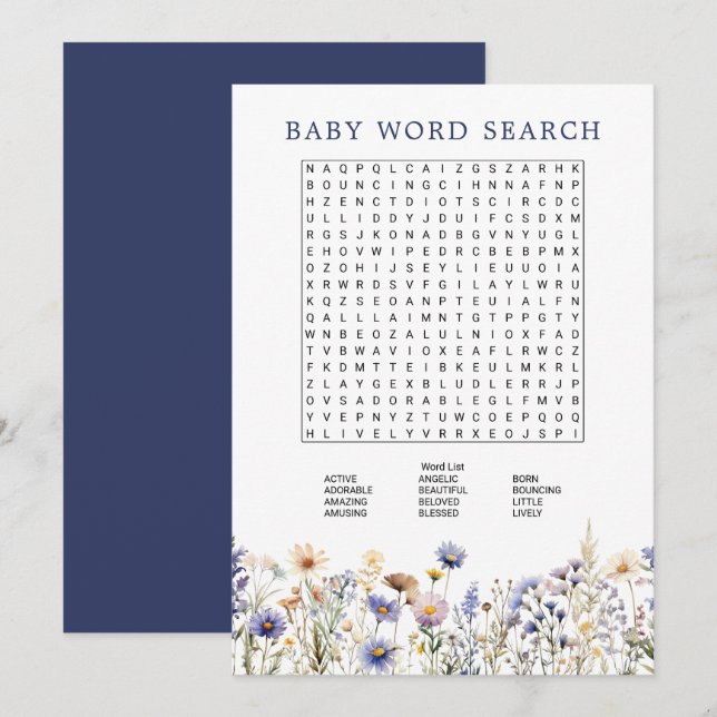 Blue Wildflower Boho Baby Shower Word Search Game Invitation (Front/Back)