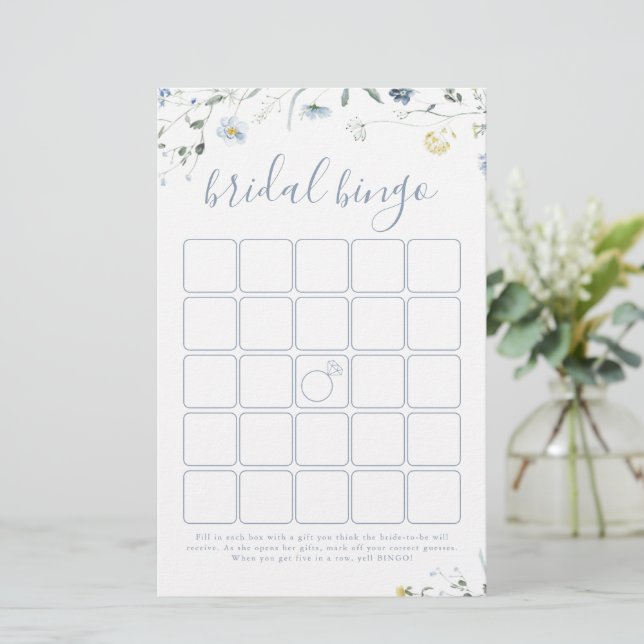 Blue Wildflower Boho bridal shower bingo game (Standing Front)
