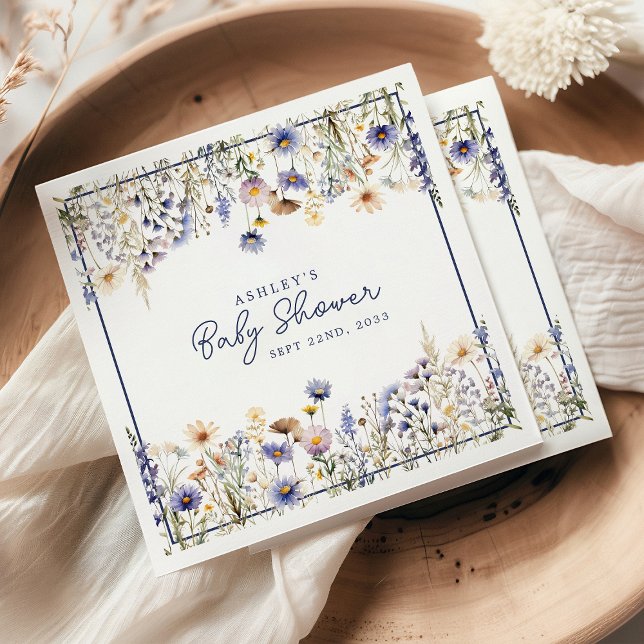 Blue Wildflower Boho Watercolor Baby Shower Napkin (Creator Uploaded)