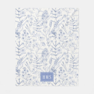 Blue Wildflower Botanical Monogram  Fleece Blanket