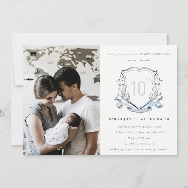 Blue Wildflower Crest Photo Wedding Anniversary Invitation (Front)
