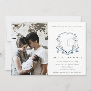 Blue Wildflower Crest Photo Wedding Anniversary Invitation