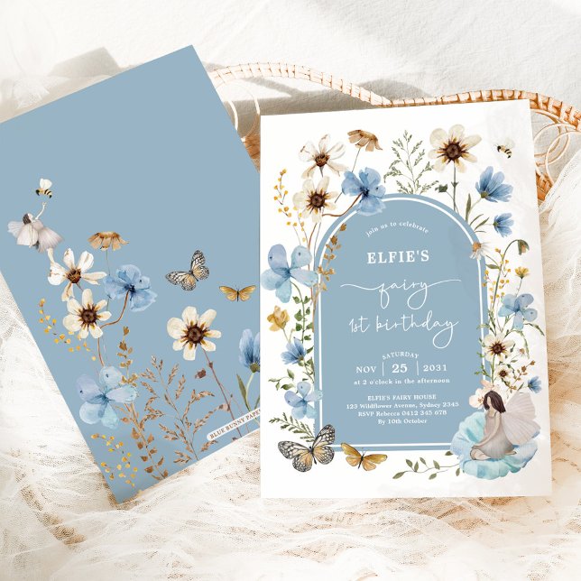 Blue Wildflower Fairy First 1st Birthday Party Invitation (Creator Uploaded)