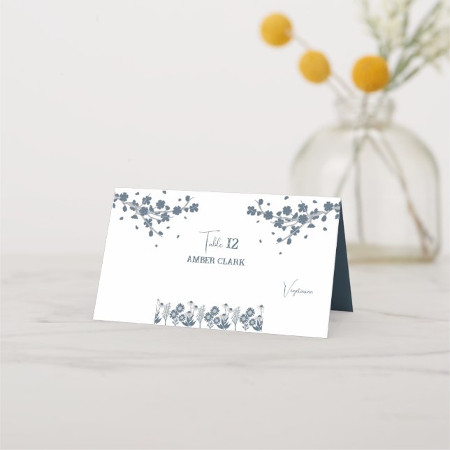 Blue Wildflower Floral Boho Wedding Place Card (Front)