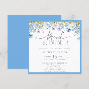 Blue Wildflower Floral Brunch Bubbly Bridal Shower Invitation