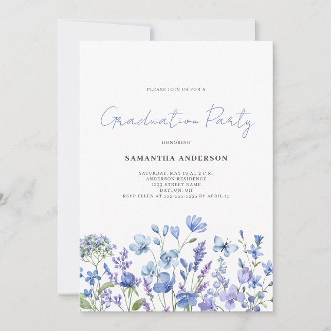 Blue Wildflower Floral Graduation Party  Invitation (Front)