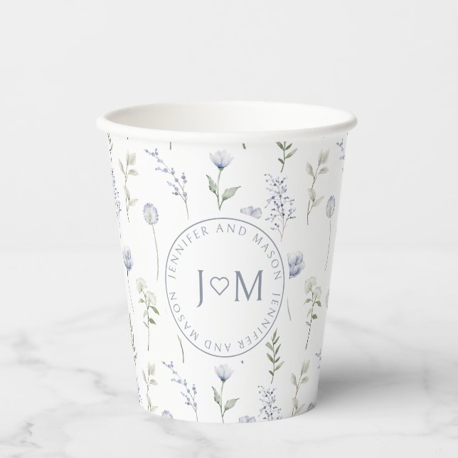 Blue wildflower floral monogram wedding paper cups (Front)