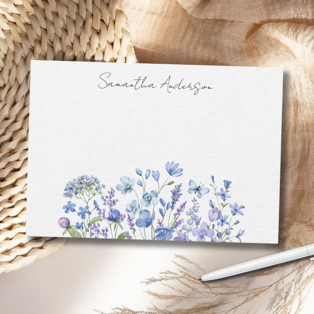 Blue Wildflower Floral Personalised Flat Note Card (Creator Uploaded)