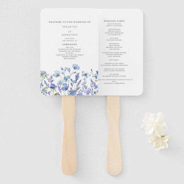 Blue Wildflower Floral Wedding Program  Hand Fan (Front and Back)