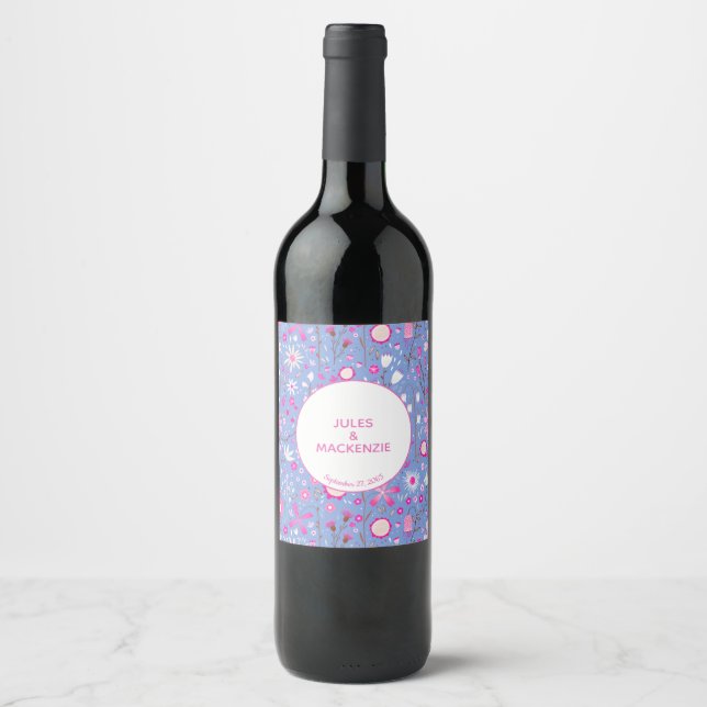 Blue Wildflower Floral Wedding Wine Label (Front)