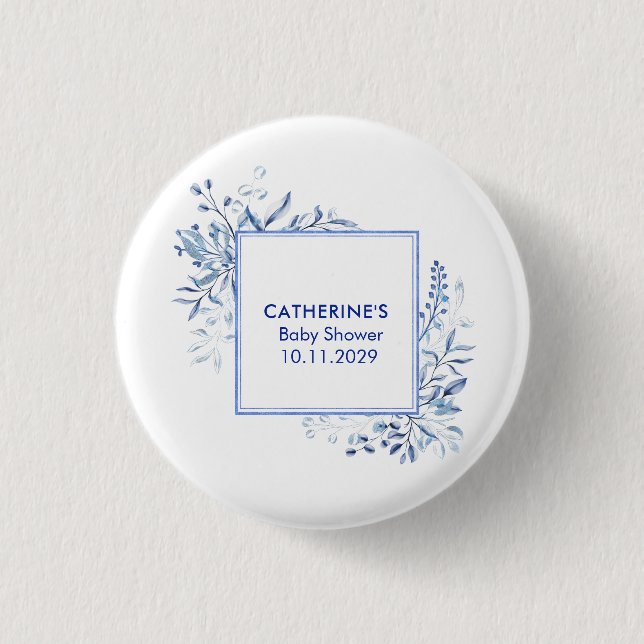 Blue Wildflower Frame Baby Shower Button (Front)
