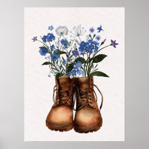 Blue Wildflower Hiking Boots Outdoor Poster