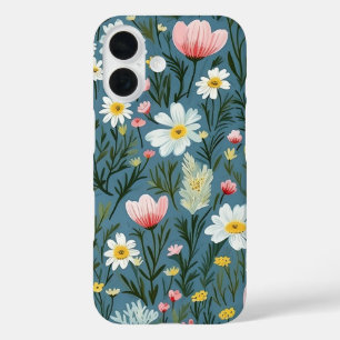 Blue Wildflower Meadow Cottagecore Floral Pattern iPhone 16 Case