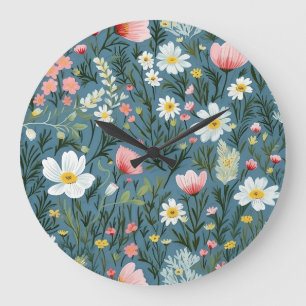 Blue Wildflower Meadow Cottagecore Floral Pattern Large Clock