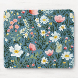 Blue Wildflower Meadow Cottagecore Floral Pattern Mouse Mat