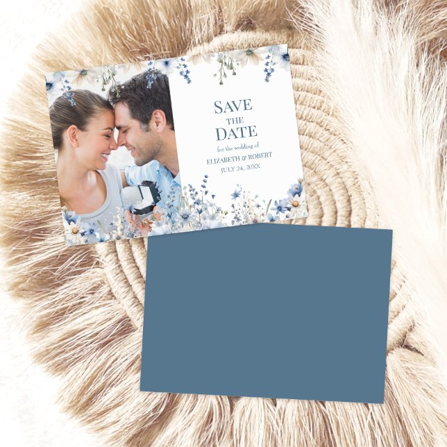 Blue Wildflower Meadow Save The Date Photo Card (Blue Wildflower Meadow Save The Date Photo Card on a neutral boho table decor.)