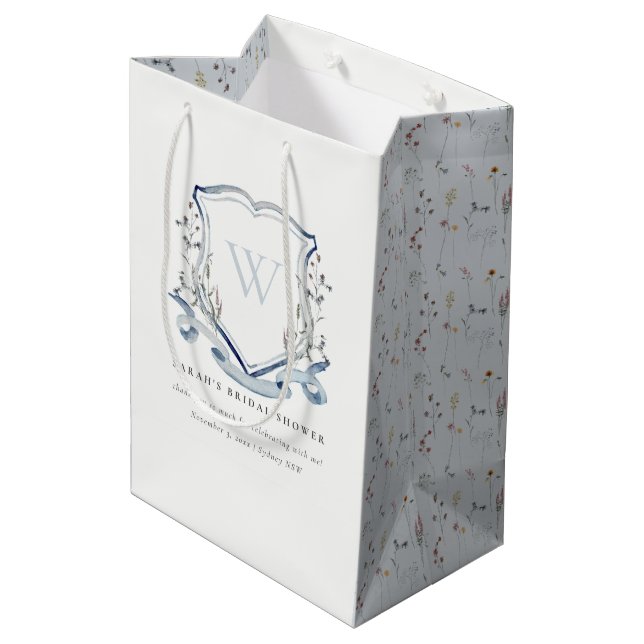 Blue Wildflower Monogram Crest Bridal Shower Medium Gift Bag (Back Angled)