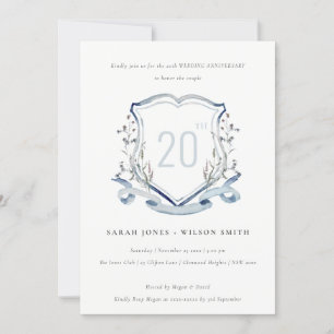 Blue Wildflower Monogram Crest Wedding Anniversary Invitation